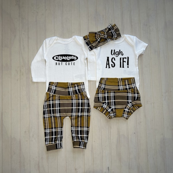 Mustard plaid girl pants, Clueless but cute onesie, Fall baby girl outfit, Ugh as if onesie, Baby shower gift, Newborn girl outfit