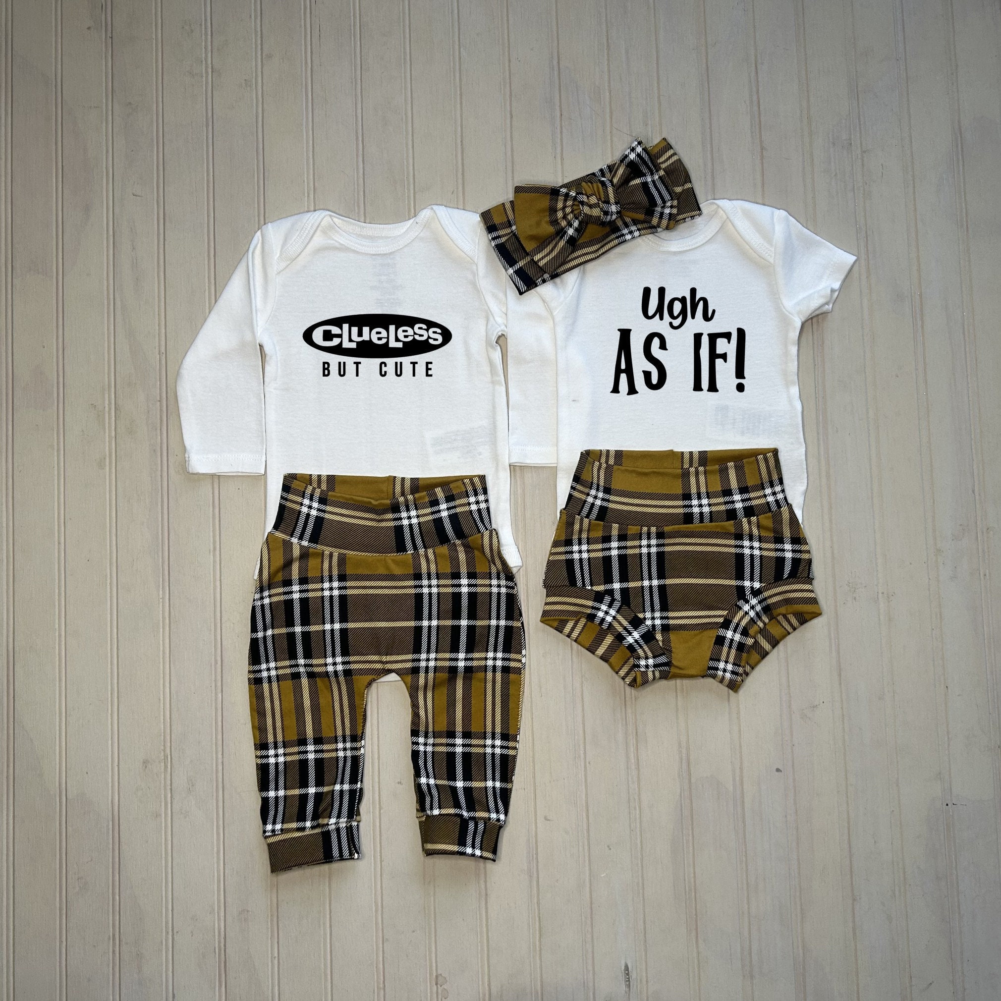 Mustard plaid girl pants, Clueless but cute onesie, Fall baby girl outfit, Ugh as if onesie, Baby shower gift, Newborn girl outfit