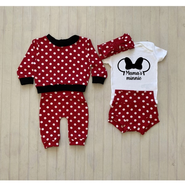 Valentines baby girl outfit, Minnie mouse baby outfit, Red polka dot bummies, Baby shower gift, Mama's mini onesie, Preemie girl valentine