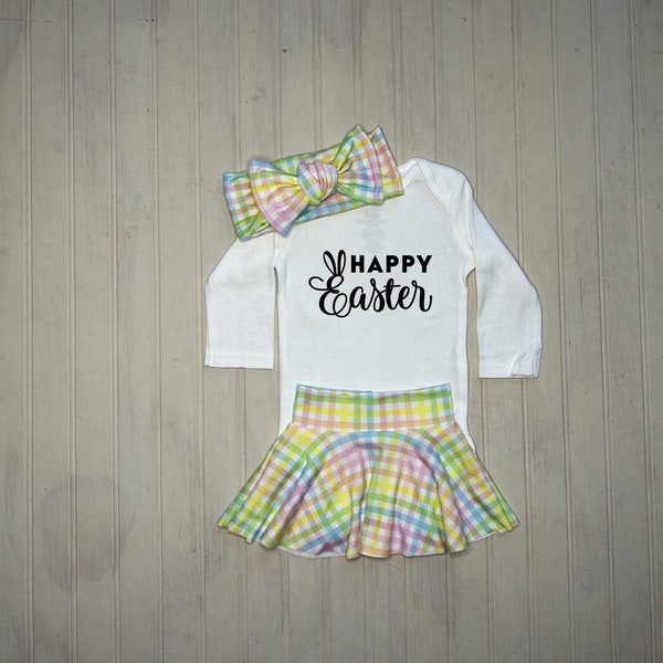 Happy Easter girl outfit, Preemie girl Easter, Baby's first Easter outfit, Little bunny, Easter plaid, Easter skirt, Easter bummies