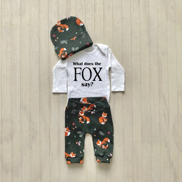 What does the fox say baby outfit, Fox baby boy outfit, Newborn boy outfit, Woodland animal outfit, Baby shower gift,
