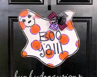 Boo Y'all Halloween Polka Dot Ghost Hand Painted Wooden Fall Door Hanger