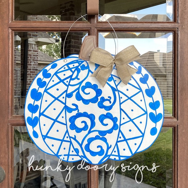 Chinoiserie Pumpkin Door Hanger - Blue Design Pumpkin Door Hanger - Elegant Pumpkin Door Hanger - Fall Autumn Wooden Door Hanger