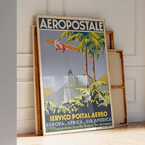 Póster de viaje Art Déco de los años 30, servicio de correos de Río de Janeiro, arte mural de aviación vintage, impresión retro de destino de Brasil