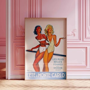 モンテカルロ夏の旅行ポスター、1930年代のアールデコスタイル、美しい女の子のヴィンテージイラスト、レトロなバケーションウォールアート、モナコプリント