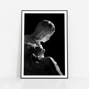 La Pietà Wall Art Jesus Mary Print Michelangelo Poster / Arte rinascimentale italiana Cristianesimo Regalo / Decorazione estetica in bianco e nero scuro
