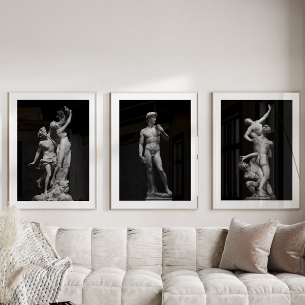 Famous Sculpture Prints Renaissance Art Set of 3 posters | David Michelangelo, Sabine Giambologna, Apollo Daphne Bernini