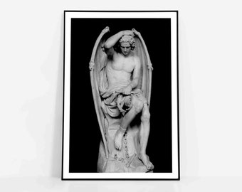 Gothic Sculpture Poster – Lucifer Statue Print, Minimalist Dark Academia Wall Art