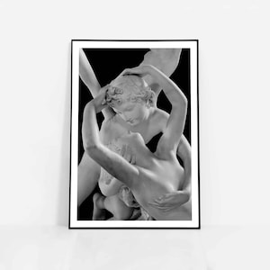 Eros and Psyche sculpture poster by italian artist Antonio Canova, Romanticism statue in Louvre Museum Paris, Cupid&#39;s kiss wall art