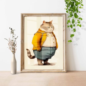 Obese Cat in clothes poster, minimalist Kitten illustration Poster, Meow Digital wall art