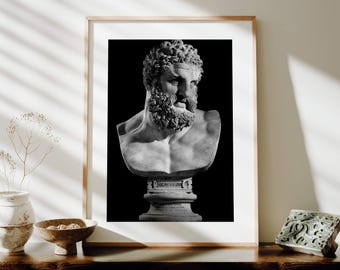 Hercules Statue Print: Greek Mythology Wall Art, Black and White