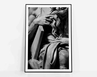 Michelangelo's Moses Sculpture Print: Black and White Renaissance Art