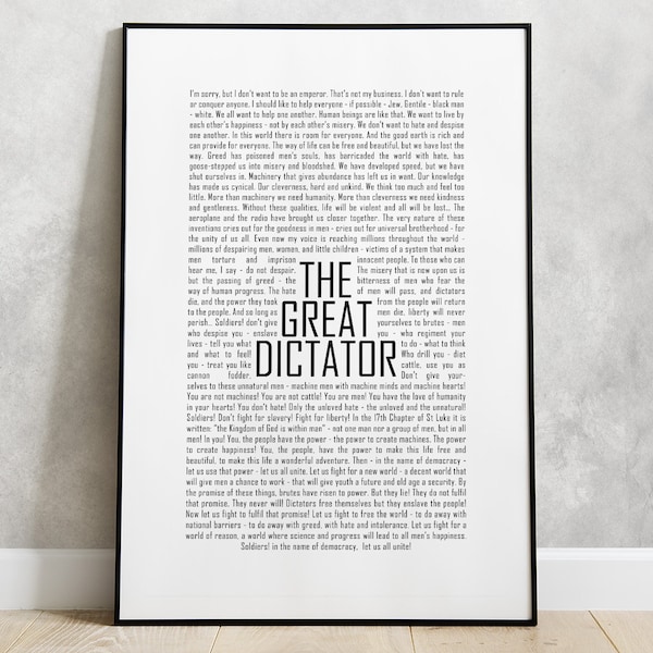 Poster The Great Dictator Monologue Charlie Chaplin Print -  Greatest Movie Speeches | Wall Art Cinema City lights gold rush The tramp