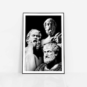 Greek Philosopher poster, Plato Socrates Aristotle sculpture print, hellenistic thinkers wall art, ancient wisdom, historical figure
