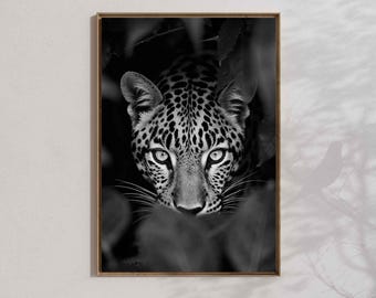 Leopard print, wildlife poster, black and white big cat wall art