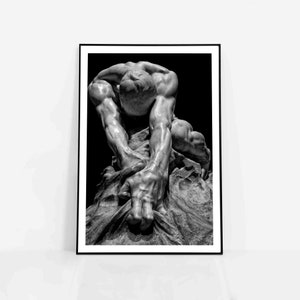 Marble sculpture poster of humanity against evil by italian artist Gaetano Cellini, minimalist statue print, black and white wall art decor