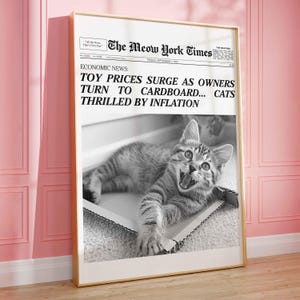 Impressão de gato jornal falso imprensa de Nova York, inflação de papelão, impressão digital de gatinho bobo, arte de parede de gatinho fofo