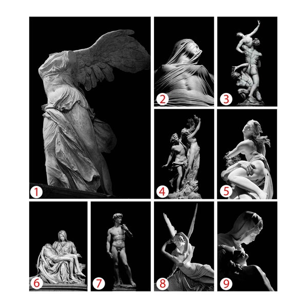 Famous Sculpture print, Marble statue poster, greek roman renaissance art, michelangelo, bernini, canova