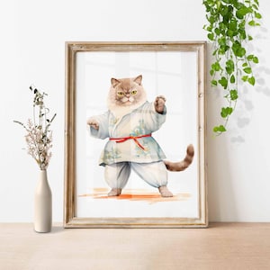 Kung Fu Cat-poster in aquarelstijl, minimalistische illustratie, poster schattig kitten, Karate Meow Portrait digitale muurkunst