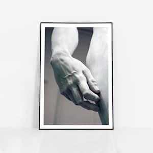 David Michelangelo Print Hand Close-up Wall Art Sculpture Poster | Italian artist Romanticism statue Firenze Italy black and white