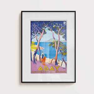 Póster costero vintage, impresión de viaje, Art Decó de los años 30, vibraciones veraniegas, océano azul, Mediterráneo, arte de pared retro, ciudad de Agay, Riviera francesa