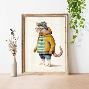 Hipster cat poster, minimalist cute kitten Poster, nursery book style, digital download art