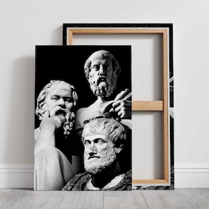 Philosophy Canvas Print - Plato Socrates Aristotle Sculpture Artwork, Greek Philosophers Wall art, athens statue, wisdom decor