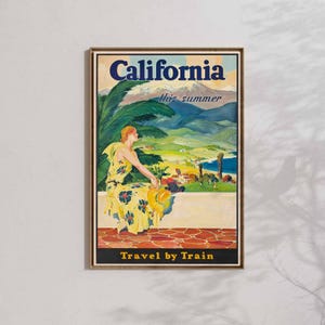 Kalifornien Reiseplakat, 1930er Jahre Zugreise, Vintage Sommerferien, Retro Urlaub Wandkunst, Malerisches Eisenbahnposter, Reiseillustration
