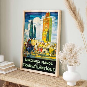 Póster de viaje a Marruecos, transatlántico francés de los años 20, arte de pared art déco vintage, viaje exótico, decoración marítima retro, ilustración de crucero