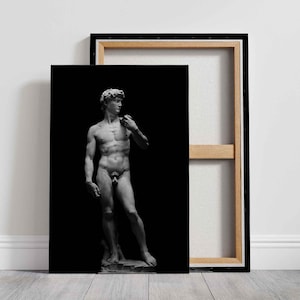 Michelangelo&#39;s David Canvas print, Black and White Sculpture Wall Art, Renaissance Icon, dark Minimalist Decor, Masculine Strength Art