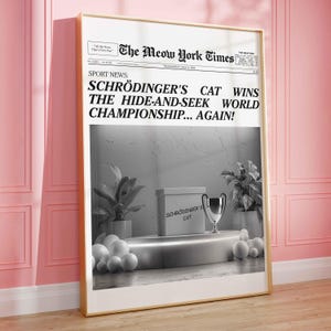 Schrodinger&#39;s cat print, funny newspaper New York, trendy decor, press parody, feline magazine, printable art digital