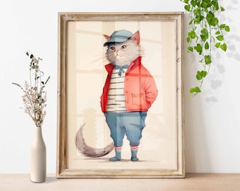 Cat in Clothes Art Print, Kitten Poster, Kids Room Decor