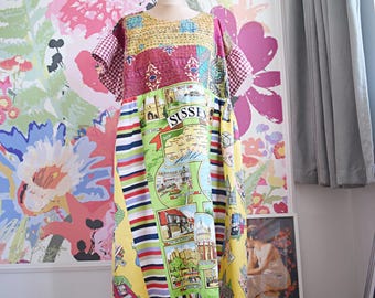 Sukienka z patchworku z recyklingu, vintage'owy materiał z recyklingu, styl boho hippie