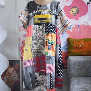 Upcycled Patchwork Kleid, New York Taxi, Boho Hippie Stil, Recycle Stoff