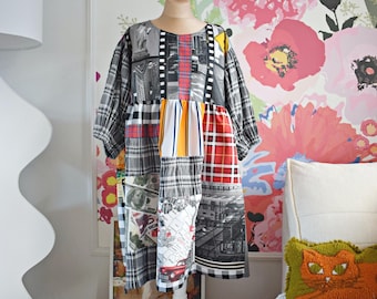 Sukienka z patchworku z recyklingu, tkanina vintage, ręcznie robiony styl boho, sukienka z Nowego Jorku, sukienka z USA