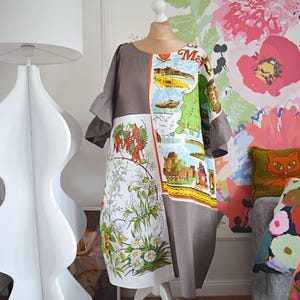 Robe en lin patchwork recyclé, tissu vintage, style bohème hippie, coupe oversize