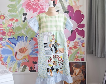 Sukienka z patchworku z recyklingu, materiał vintage, styl boho hippie