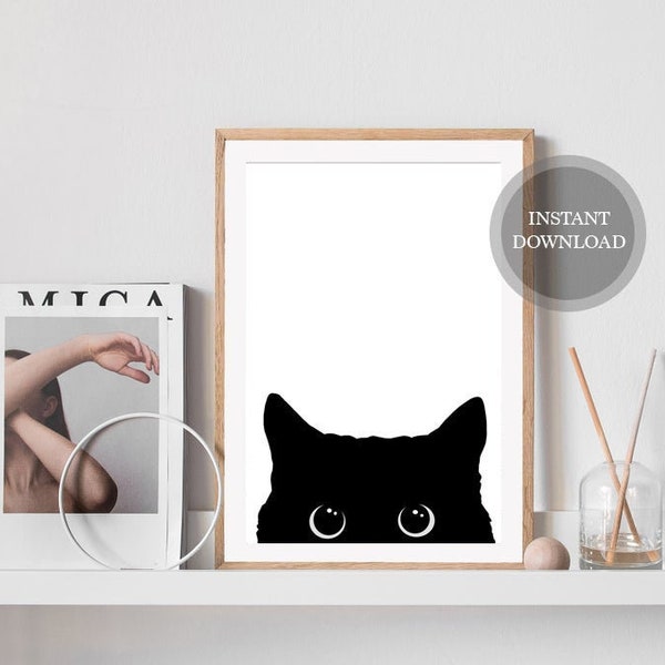 Black Cat, Instant Download, Kitty Print, Minimal Cat Print, Modern Home Decor