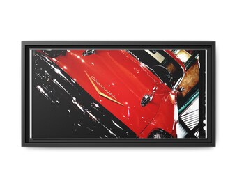 Cuadro en lienzo con marco y acabado mate multicolor para fotografía de coches clásicos rojos.