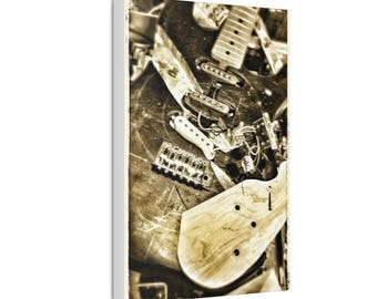 Lienzo con piezas de guitarra eléctrica vintage / Arte mural musical en sepia