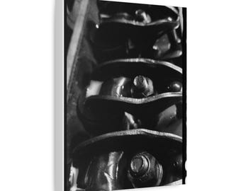 Impresión en lienzo en blanco y negro de balancines de Corvette, arte del movimiento del tren de válvulas del motor