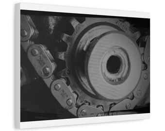 Fotografía de engranajes de cadena de distribución del motor Corvette, impresión mecánica en lienzo en blanco y negro, arte de garaje