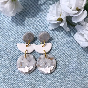 White Marble Earrings with Flower Detailing, Polymer Clay Earrings