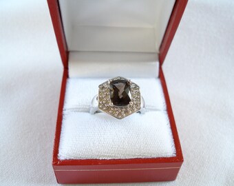 2.30 Ct. Smokey Topaz Solitaire & Diamond  10k White Gold Ring