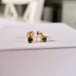 Blue Diamond Solitaire  14k Gold Earrings