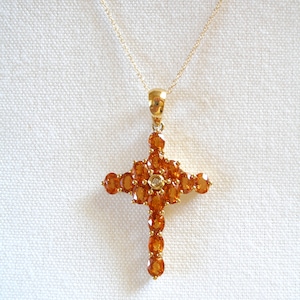 3.67 Ct. Orange Garnet & Diamond &#39;Cross&#39;  14k Gold Necklace