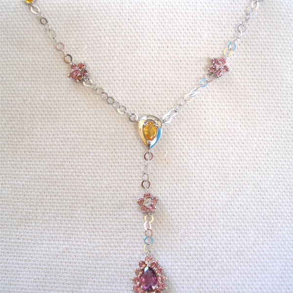 1.90 Ct. Pink Tourmaline, Sapphire 'Flowers' & Diamond  10k White Gold Graduated Necklace