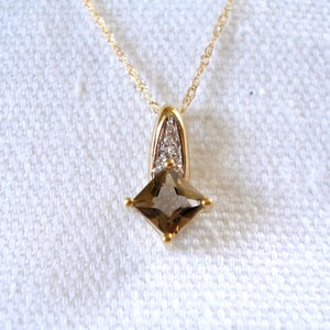 Smokey Topaz Solitaire & Diamond  10k Gold Pendant and Necklace