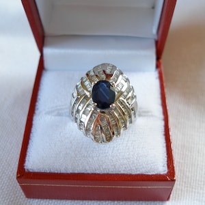 3.30 Ct. Sapphire Solitaire & Diamond  14k White Gold Cocktail Ring