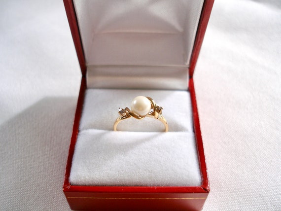 6.5 mm Pearl Solitaire with Diamonds  10k Yellow Gold Ring